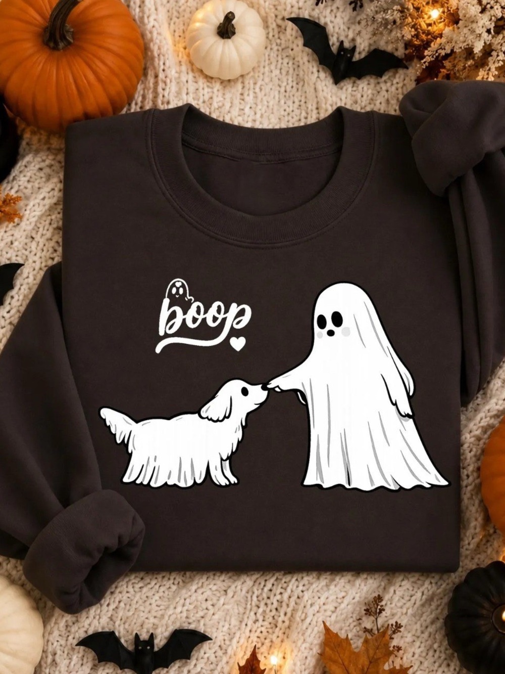 Gildan Black Halloween Dog & Ghost Graphic Sweatshirt, Gift For Her, For Him
